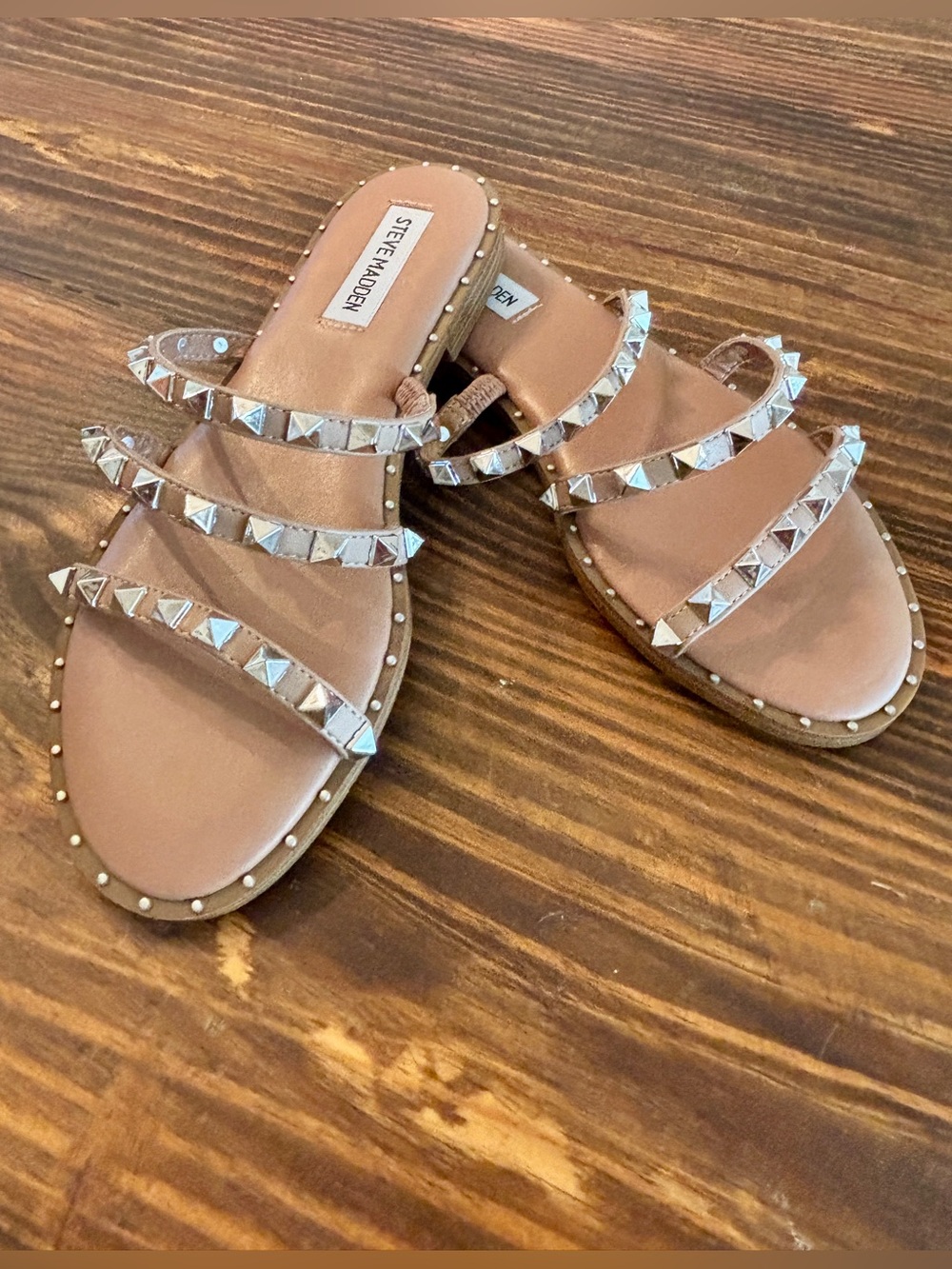 Steve Madden Tan Studded Triple-Strap Slide Sandals